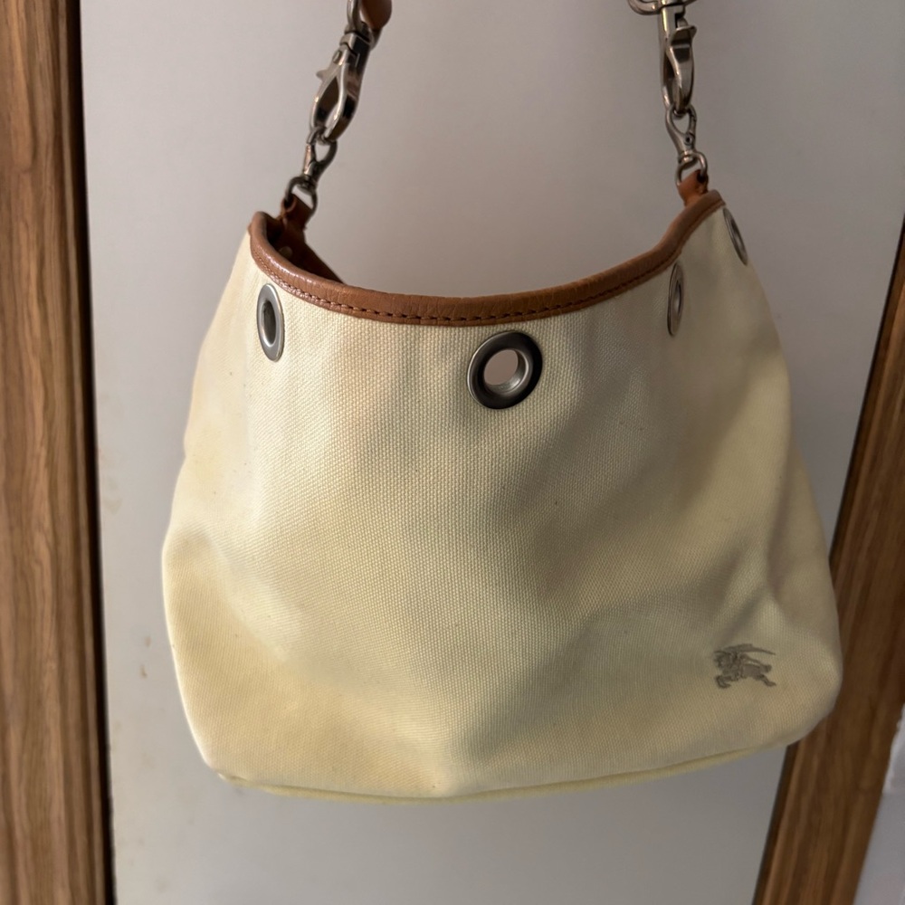 EUC AUTHENTIC BURBERRY LABEL NOVA CREAM SMALL TOTE BAG CANVAS /SILVER HARDWARE